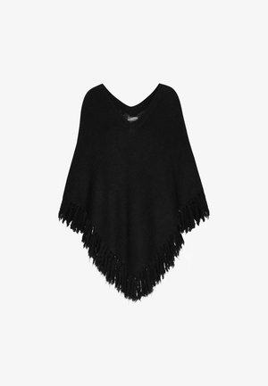 Črn pleteni pončo z V-izrezom in resicami na robu. Mehak material, ohlapen kroj in trikotna oblika za enostavno plastenje in udobje.