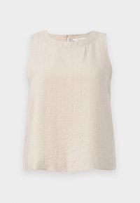 Beiges ärmelloses Top mit rundem Ausschnitt, strukturierter Stoff und einem Schlüsselloch-Ausschnitt am Rücken. Einfaches, minimalistisches Design.