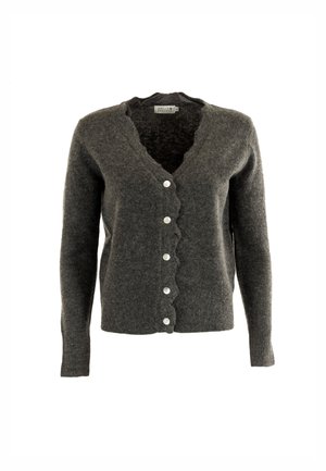Cardigan en tricot gris avec un bord festonné, des boutons sur le devant, des manches longues et un décolleté en V, fabriqué en tissu doux. Présente une texture subtile.