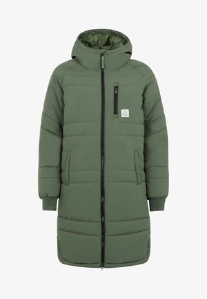 Green padded coat with a hood, zip closure, side pockets, and a chest pocket. Features a logo patch and ribbed cuffs. Smooth texture.
