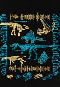 Must mustril mustrit mustrit mustril mustuss är mustril värvilised dinosauruse luustikute ilustratsioonid sinises ja kuldses värvitoonis, koos tekstisiltide ja helilaine graafikaga.