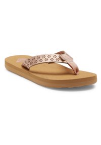 Rose-guld flip-flop med en texturerad rem som har små blomformade utskärningar, en vadderad brun fotbädd och en platt gummisula.