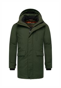 Groene parka met een capuchon, voorkant met rits, grote zakken en elastische manchetten. Gemaakt van waterafstotend materiaal met een gladde textuur.