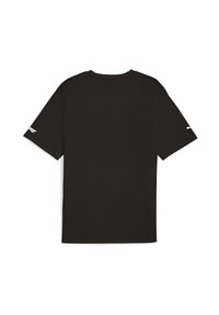 Sort bomulds T-shirt med korte ærmer, rund halsudskæring og hvidt logo på venstre ærme. Glat tekstur, standard pasform.