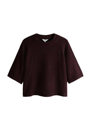 Burgundy knit pullover with wide short sleeves, round neckline, and a relaxed fit. Soft texture with a subtle, heathered pattern.