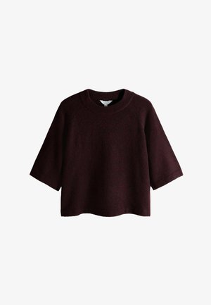 Burgundy knit pullover with wide short sleeves, round neckline, and a relaxed fit. Soft texture with a subtle, heathered pattern.