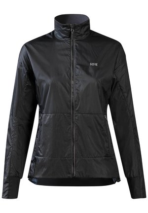 Zwarte lichtgewicht jas met ritssluiting, lange mouwen, hoge kraag, twee zijzakken met rits en klein "GORE"-logo op de borst.