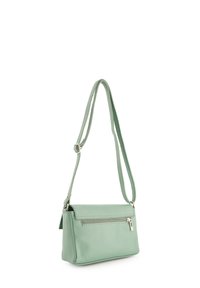 Mintgrøn l�æder crossbody-taske med struktureret finish, en lynlåsfrontlomme og en justerbar rem. Rektangulær form med rene linjer.