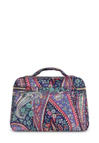 Navyblauwe cosmetica tas met een kleurrijk paisley patroon. Voorzien van een handvat bovenop en een voorvak voor extra opbergruimte.