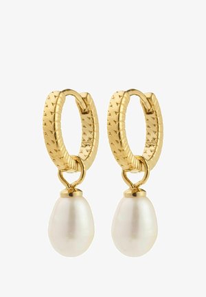 Gouden oorbellen in de vorm van een ring met een gestructureerde afwerking, met een hangende witte parel. Het algemene ontwerp is eenvoudig maar elegant.