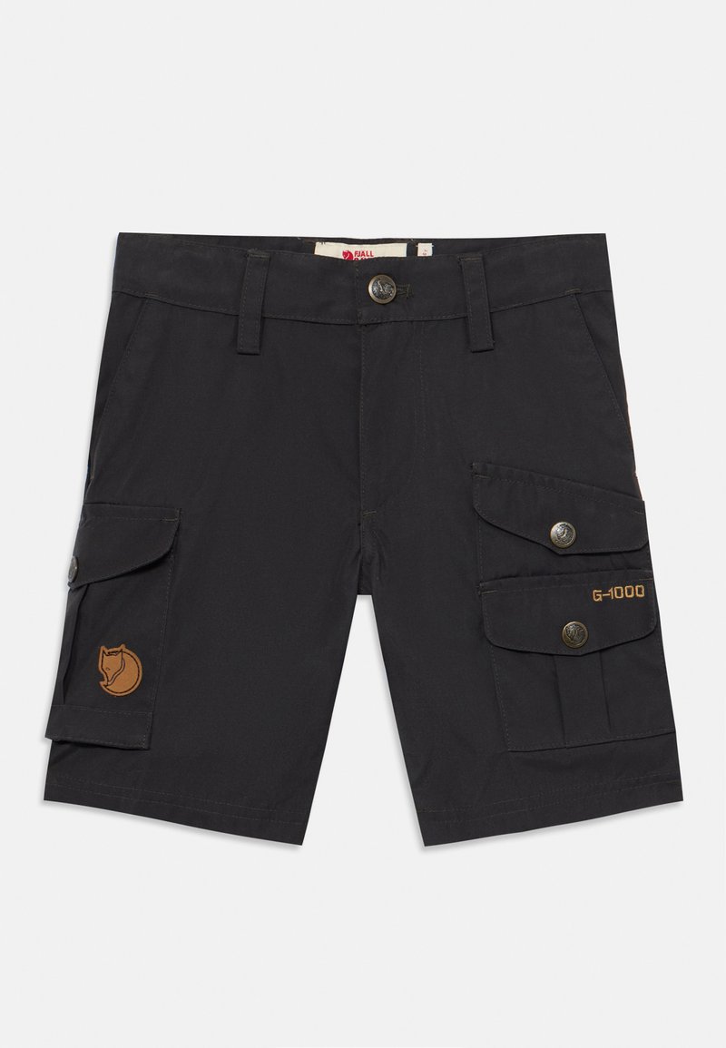 Svart cargo-shorts laget av G-1000-materiale, med to sidelommer med knapper, en frontlukking med knapp, og et logo-merke.