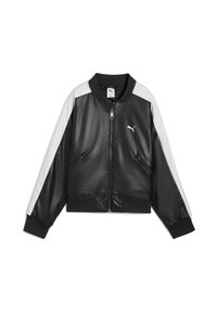 Giacca bomber nera in finta pelle lucida, con pannelli bianchi sulle spalle, polsini e orlo a coste, chiusura frontale con zip e tasche laterali.