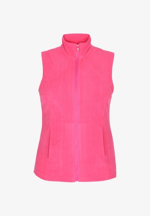Gilet in pile rosa con colletto alto e zip frontale completa. Caratterizzato da tasche laterali, texture liscia e vestibilità sartoriale.