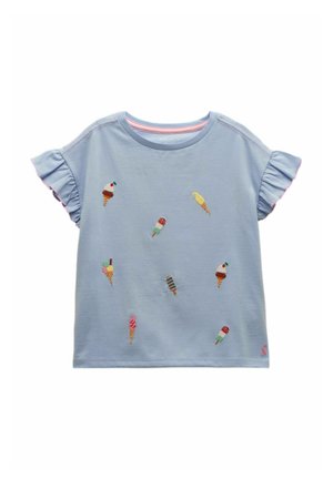 Jasnoniebieska koszula z krótkim rękawem z falbankami na rękawach, ozdobiona kolorowymi haftowanymi rożkami lodów i lizakami.