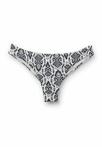 Bañador blanco con un patrón de paisley negro, con una altura moderada y tirantes laterales estrechos. Fabricado con un material suave y elástico.