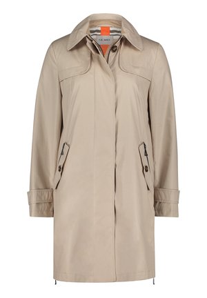 Trench-coat beige mi-long avec col large, fermeture par boutons et zip, deux poches avant zippées et sangles de manches réglables.