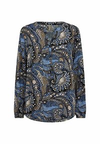 Blouse à manches longues avec un motif cachemire en bleu, noir, marron et crème. Tissu doux avec un col à revers et des détails à boutons. Coupe décontractée.