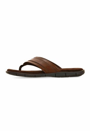 Brauner Flip-Flop-Sandale aus Leder mit breitem Riemen und schwarzer flexibler Sohle vor weißem Hintergrund, Seitenansicht.