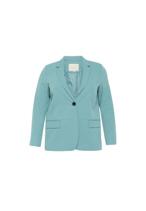 Tyrkysový blazer s klopovým límcem, užším černým zapínáním na knoflík, dvěma předními kapsami a dlouhými rukávy, vyrobený z hladké látky.