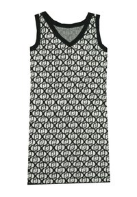 Abito lavorato a maglia bianco e nero con scollatura a V, senza maniche e un motivo geometrico ripetuto su tutta la stoffa.