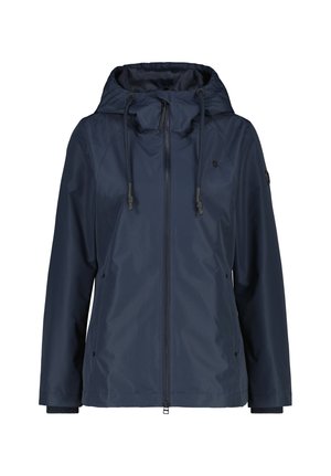 Navy blue hooded rain jacket with front zipper, adjustable drawstring hood, and long sleeves.