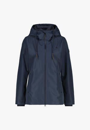 Navy blue hooded rain jacket with front zipper, adjustable drawstring hood, and long sleeves.