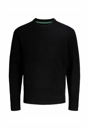 Pulover negru din tricot, cu guler rotund, material texturat și mâneci lungi. Prezintă un guler interior cu dungi contrastante. Design simplu.