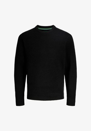 Černý pletený svetr s kulatým výstřihem, strukturovanou tkaninou a dlouhými rukávy. Má kontrastní pruhovaný vnitřní límec. Jednoduchý design.