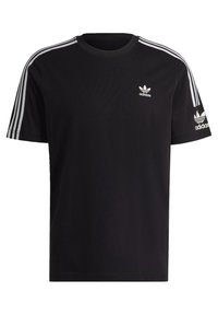 Černé tričko Adidas s bílými třemi pruhy na rukávech, trefoil logo Adidas na hrudi a levém rukávu.