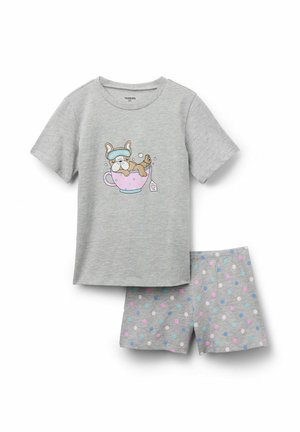 Graues kurzärmliges Pyjama-Set mit einem Hund in einer Teetasse als Grafik auf dem Shirt und mehrfarbigen Punkten auf der Shorts.