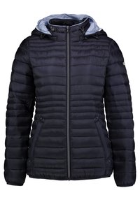 Doudoune noire avec fermeture éclaire sur le devant, affichant des coutures horizontales, une doublure intérieure bleu clair et une capuche ajustable avec cordon de serrage.