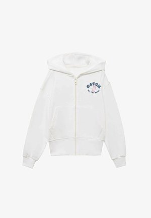 Witte zip-up hoodie gemaakt van een katoenmix. Beschikt over een voorzak, elastische manchetten en een grafische print met de tekst "CATCH ALL THE WAVES".