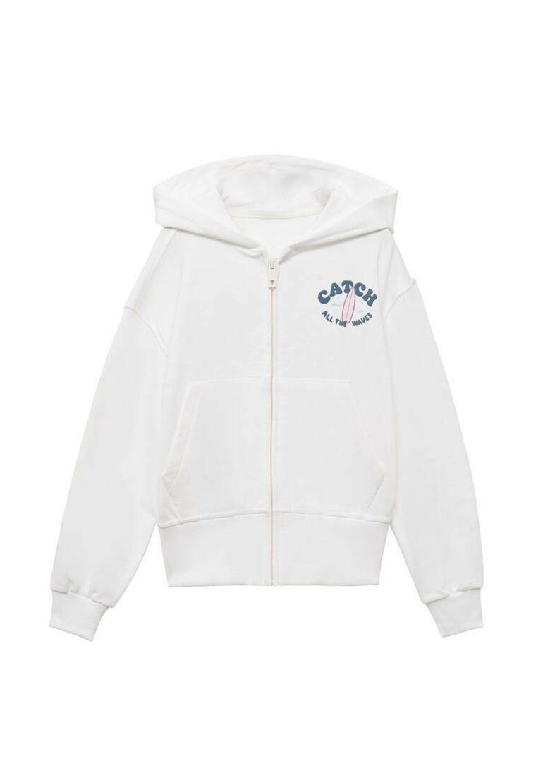 Felpa bianca con zip in misto cotone. Caratterizzata da una tasca frontale, polsini elastici e una stampa grafica con il testo "CATCH ALL THE WAVES".