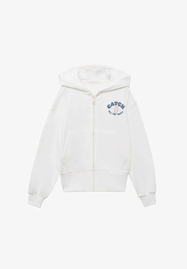 Vit zip-up hoodie i bomullsblandning. Har en framficka, elastiska manschetter och ett grafiskt tryck med texten "CATCH ALL THE WAVES".