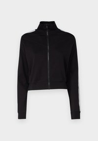 Schwarzer, kurz geschnittener Reißverschluss-Sweatshirt mit hohem Kragen, aus strukturiertem Stoff und kontrastierenden grauen Streifen entlang der Schultern.