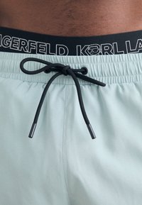 Svijetlo mint zelene kupaćice s crnim elastičnim pojasom na kojem se nalazi bijeli tekst s logotipom i vezicom s crnim vrhovima.