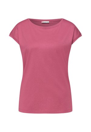Short-sleeve, dusty rose women's t-shirt with round neckline and subtle shoulder seams, branded with Street One label inside collar.
