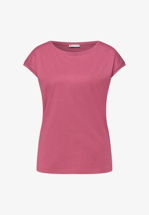 Damska koszulka z krótkim rękawem w kolorze przydymionego różu, z okrągłym dekoltem i subtelnymi szwami na ramionach, z metką Street One wewnątrz kołnierza.