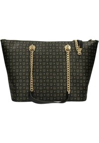 Borsa tote nera con manici a catena dorata, caratterizzata da un motivo logo. Ha una forma strutturata e una chiusura a zip. Texture liscia.
