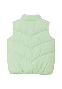 Hellgrüne Steppweste mit einem kragenförmigen Ausschnitt, featuring ein Zickzack-Steppmuster und elastischem Saum. Glatte, glänzende Stoffoberfläche.
