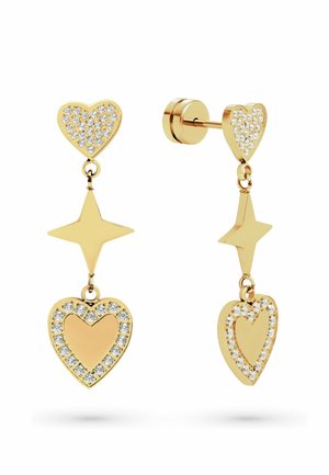 Orecchini pendenti in tono oro con cuori tempestati di cristalli in alto e in basso, collegati da una stella oro liscia al centro.