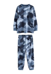 Ensemble de pyjama à motif camouflage avec manches longues et taille élastique. Fabriqué en tissu doux de poids moyen dans différentes nuances de bleu.