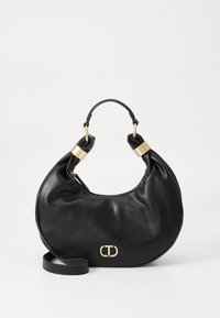 Black leather handbag with a crescent shape, gold hardware accents, and a short top handle. Features a removable shoulder strap.