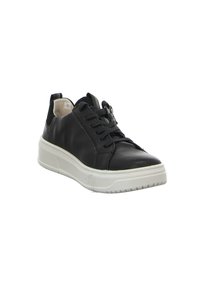 Schwarze Leder Sneaker mit Schnürdesign, kontrastierender weißer Gummisohle, runder Spitze und subtilen Nähdetails.