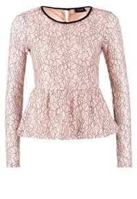 Lichtroze kanten blouse met lange mouwen en bloemenpatroon, ronde halslijn met zwarte rand en peplum taille.