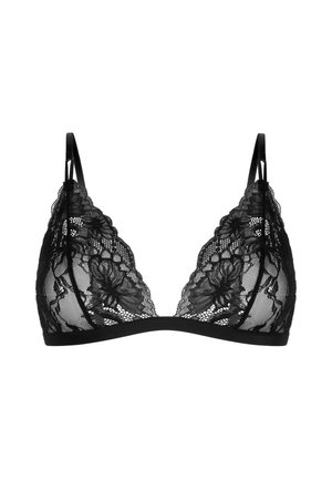 Zwarte kanten bralette met een driehoekdesign, verstelbare banden, golvende randen en bloempatronen op sheer stof met een gladde band.