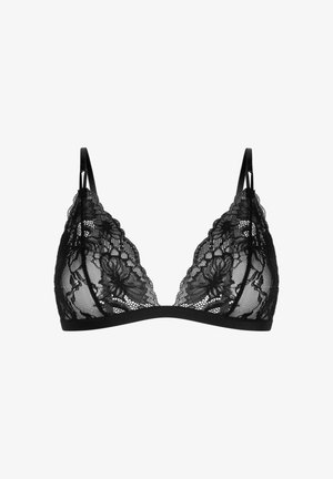 Zwarte kanten bralette met een driehoekdesign, verstelbare banden, golvende randen en bloempatronen op sheer stof met een gladde band.