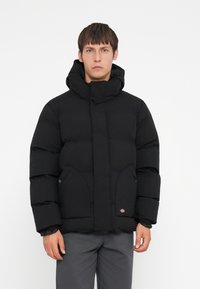 Sort pufferjakke med høj krave og hætte. Har sidelommer og elastiske manchetter. Glat tekstur med en quiltet design.