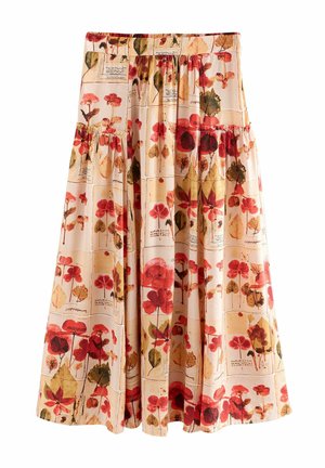 Gonna midi floreale in crema, caratterizzata da stampe botaniche rosse e verdi e foglie. Vita elasticizzata con dettagli arricciati per una forma fluida.