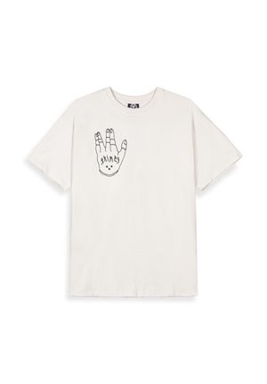 Crème-kleurig katoenen t-shirt met een zwarte omtrekafbeelding van een hand met ontwerp elementen. Korte mouwen en ronde halsstijl.